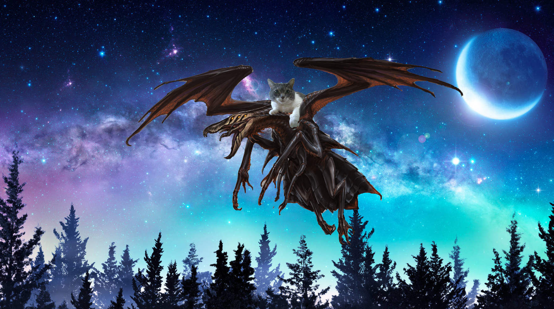 Suzie badly photoshopped onto a Byakhee flying over a dark pine forest during a starry night with a full moon